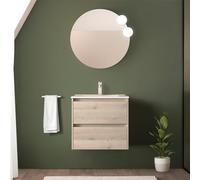 Mobile bagno sospeso 70 cm rovere bali con lavabo e specchio tondo 70 cm, 2 cassetti con chiusura soft-close, GAYA