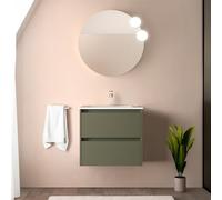 Mobile bagno sospeso 70 cm verde satinato con lavabo e specchio tondo 70 cm, 2 cassetti con chiusura soft-close, GAYA