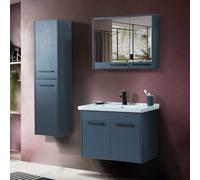 Mobile bagno sospeso 80 cm blu effetto legno con armadietto a specchio Sofia