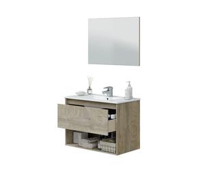 Mobile Bagno Sospeso 80 cm Con Lavabo Specchio Vano Giorno E Cassettone Rovere