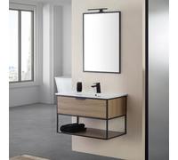 Mobile bagno sospeso 80 cm nero stile industrial con cassettone in legno, struttura in metallo con lavabo e specchio reversibile, BAKETO