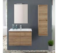 Mobile bagno sospeso 80 cm rovere africa con 2 ante soft-close, lavabo in ceramica e specchio reversibile 60x80 cm, KLEO
