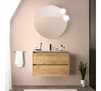 Mobile bagno sospeso 80 cm rovere africa con lavabo e specchio tondo 70 cm, 2 cassetti con chiusura soft-close, GAYA