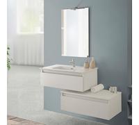 Mobile bagno sospeso 80 cm rovere bianco con base lavabo e cassetto, completo di specchiera a filo reversibile, NADIA