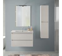 Mobile bagno sospeso 80 cm rovere bianco con pensile H 125, completo di lavabo e specchiera a filo reversibile, NADIA