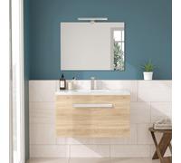 Mobile bagno sospeso 80 cm rovere chiaro con cassetto specchio e lampada | aura