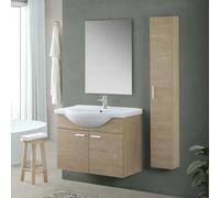 Mobile Bagno sospeso 85 cm Rovere Dolomite, Design salvaspazio con 2 Ante, arredo Bagno Completo di lavabo e Specchio