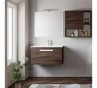 Mobile bagno sospeso 80 cm rovere scuro con cassetto specchio e lampada | aura