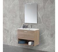 Mobile Bagno sospeso 80 cm Un cassetto in Rovere Tropea con Specchio Reversibile 62x78 con Lampada a LED 30