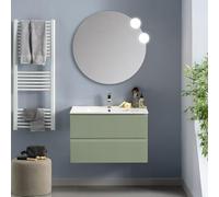 Mobile bagno sospeso 80 cm verde salvia cannettato con 2 cassetti, lavabo in ceramica e specchio tondo 80 cm, GIAVA
