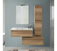 Mobile bagno sospeso 80 cm rovere naturale con pensile, 2 cassetti con lavabo e specchiera a filo reversibile, NADIA