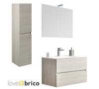 Mobile bagno sospeso 80cm con lavabo, colonna, specchio e led rovere grigio (NS)
