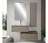 Mobile Bagno Sospeso 80cm Legno Nobilitato Tabacco/Tortora Con Lavabo, Specchio, Colonna E 2 Cassetti Soft-Close