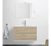 Mobile Bagno sospeso con lavabo in Ceramica e Specchio, cassetti e Ante a Chiusura rallentata, 3 colorazioni Disponibili (90 cm 2 cassetti, Rovere Africa)