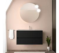 Mobile bagno sospeso 90 cm nero satinato con lavabo e specchio tondo 70 cm, 2 cassetti con chiusura soft-close, GAYA