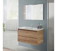 Mobile bagno sospeso 90 cm rovere naturale con 2 cassetti, completo di lavabo e specchiera a filo reversibile, NADIA