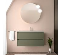 Mobile bagno sospeso 90 cm verde satinato con lavabo e specchio tondo 70 cm, 2 cassetti con chiusura soft-close, GAYA
