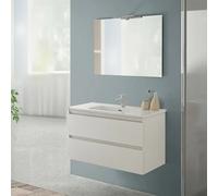 Mobile bagno sospeso 90 cm rovere bianco con 2 cassetti, completo di lavabo e specchiera a filo reversibile, NADIA