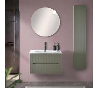 Mobile Bagno sospeso cannettato 70 cm Verde Opaco con 2 cassetti Soft-Close, lavabo in Ceramica e Specchio Tondo a Filo 70 cm, Bali