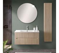 Mobile Bagno Sospeso Cannettato 90 Cm Rovere Chiaro Con 2 Cassetti Soft-Close, Lavabo In Ceramica E Specchio Tondo A Filo 80 Cm, BALI