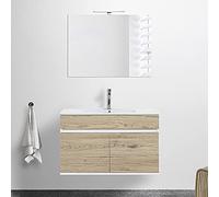 Mobile Bagno sospeso con lavabo in Ceramica e Specchio, cassetti e Ante a Chiusura rallentata, 3 colorazioni Disponibili (90 cm 2 Ante, Rovere Africa)