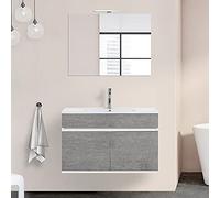 Mobile Bagno sospeso con lavabo in Ceramica e Specchio, cassetti e Ante a Chiusura rallentata, 3 colorazioni Disponibili (90 cm 2 Ante, Grigio Cemento)