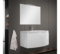 Mobile Bagno sospeso Curvo 80 cm, 2 Ante con Chiusura Ammortizzata, lavabo e Specchio Inclusi (Bianco Lucido)