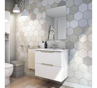 Mobile Bagno Sospeso Da 60 Cm In Legno Bianco Lucido E Rovere Linea Brillo Con 2 Cassetti Dalla Chiusura Soft-Close, Completo Di Lavabo E Specchio
