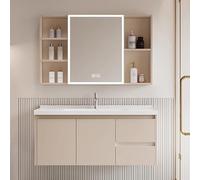 Mobile Bagno Sospeso in Alluminio,lavandino Bagno con Mobile A Specchio Intelligente E Lavabo in Ceramica Mobile da Bagno A Parete Aperto con Rubinetti per Acqua Calda E Fredda con Luce LED