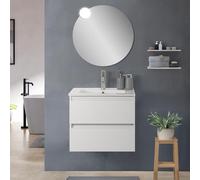Mobile Bagno Sospeso Leda 60 Cm In Legno Nobilitato Bianco Lucido, 2 Cassetti Soft Close, Lavabo In Ceramica E Specchio Tondo D60 Cm, Già Montato Con Staffe Linea Leda