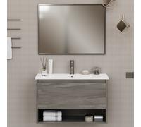 MOBILE BAGNO SOSPESO MODERNO 80 CM CON LAVABO E SPECCHIO 1 CASSETTONE LEGNO