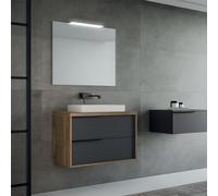 Mobile bagno sospeso moderno ISIDE in legno con lavabo in ceramica (Noce/Grafite Opaco, Base 80 cm)