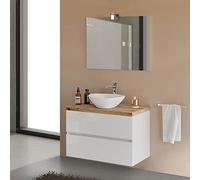 Mobile Bagno sospeso per lavabo d’appoggio, Completo di Top e Specchio con Lampada, Serie Town (Rovere Naturale, 80 cm)