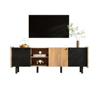 Mobile basso per TV con vano portaoggetti e passacavi in MDF con scomparti aperti, porte a battente, gambe in metallo, maniglie, vano multimediale, ripiani per soggiorno, mobile moderno (colore nero+