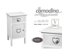 MOBILE COMODINO IN LEGNO 2 CASSETTI CUORE H70L40P39 CM SHABBY CHIC TOD-678165