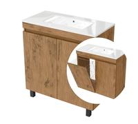 Mobile con lavabo 80 cm Ribera, sospeso o a terra, per bagno, chiusura soft, cestino per biancheria, set di mobili da bagno con lavabo, ripiani aggiuntivi. (Rovere Lancelot, 80)