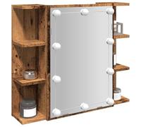 Mobile con specchio e luci a LED in legno antico, 70 x 16,5 x 60 cm, organizer per il trucco con scomparti portaoggetti pratico per il bagno, design elegante
