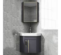 Mobile da bagno ad angolo con lavabo da parete, con rubinetto caldo e freddo, specchio e portasciugamani, colore grigio, 37 cm, design salvaspazio