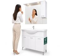 Mobile da Bagno Bianco da terra Completo di Specchio e Luci Led, Modello Firenze, Lavabo Ceramica e Rubinetteria Inclusi, Mobiletto indipendente da Terra 3 Ante e un Armadietto, Larghezza 105 cm