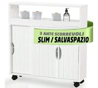 Mobile da Bagno con 4 Ruote Girevoli a 360°, Carrellino Stretto con Ante Scorrevoli e Ripiani in Legno Bianco, Armadietto Carrello Slim Salvaspazio per Cucina, Sgabuzzino, Multiuso L'innovazione per e