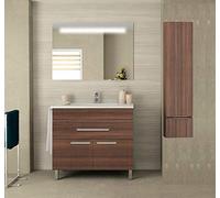 MOBILE DA BAGNO CON LAVABO E SPECCHIO RETROILLUMINATO CON LED INTEGRATO CON CASSETTO E PORTE E PORTA E PORTASHIAVI MARRONE CON COLONNA 60 CM