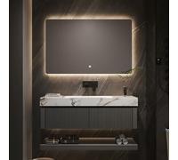 Mobile da bagno galleggiante con lavandino e specchio antiappannamento, moderno mobile da bagno con cassetti a righe e piano di lavoro in ardesia marmorizzata, installazione a parete