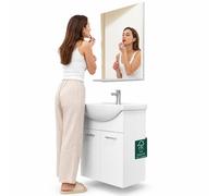Mobile da Bagno Sospeso Completo Bianco Larghezza 55 cm Specchio e Rubinetteria