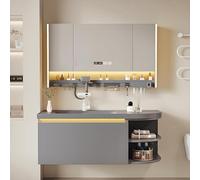 Mobile da Bagno Sospeso in Legno Massello - Armadietto Lavabo Moderno a Parete con Specchio LED con Antappannamento Intelligente, Mobiletto da Bagno Autosufficiente