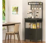 Mobile da bar a 5 ripiani e supporto per microonde con contenitore, 2 ante, 4 ganci a S, per spezie, pentole, caffettiere per piccoli spazi, soggiorno, ingresso, nero
