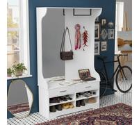 Mobile da ingresso cm, guardaroba con specchio, panca, 2 cassetti e ripiani, 4 ganci, binario, Bianco