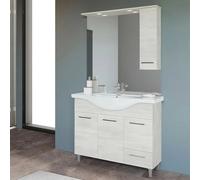 Mobile da Terra 105 cm in rovere bianco completo di specchio con pensile e LED