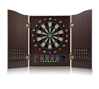 Mobile elettronico per bersaglio con ante in legno, punteggio automatico, display digitale a 4 LED, 12 freccette, 88 punte morbide, 27 giochi, fino a 16 giocatori, partita uomo-macchina