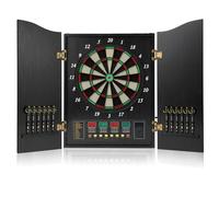 Mobile elettronico per bersaglio con ante in legno, punteggio automatico, display digitale a 4 LED, 12 freccette, 88 punte morbide, 27 giochi, fino a 16 giocatori, partita uomo-macchina