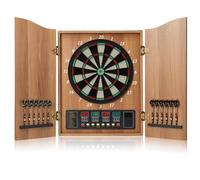 Mobile elettronico per bersaglio con ante in legno, punteggio automatico, display digitale a 4 LED, 12 freccette, 88 punte morbide, 27 giochi, fino a 16 giocatori, partita uomo-macchina